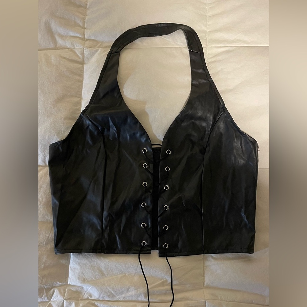 Black Faux Leather Lace-Up Halter Crop Top